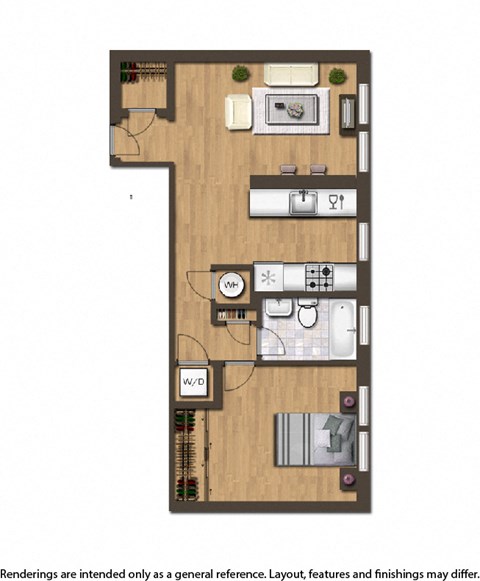 Floor plan for 1 bed, 1 bath, 418 sqft